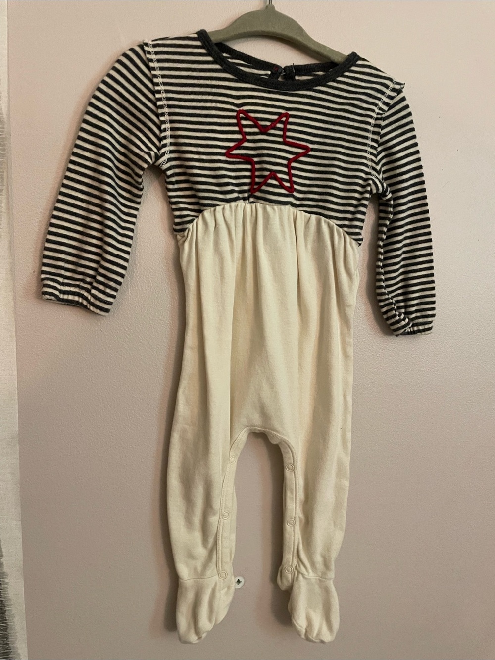 100% Organic Cotton Striped Navy & White with Red Star Baby One-Piece Romper